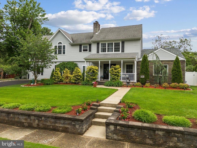 209 Burlington Ave, Voorhees, NJ 08043 - view of front of property with covered porch, a chimney, and a shingled roof
