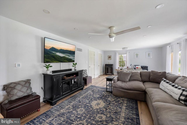 209 Burlington Ave, Voorhees, NJ 08043 - living room featuring light wood-style flooring, a ceiling fan, and recessed lighting