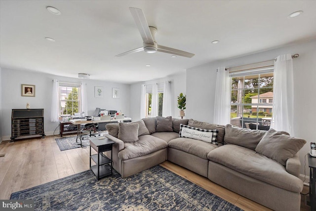 209 Burlington Ave, Voorhees, NJ 08043 - living area featuring an office area, light wood-type flooring, recessed lighting, and a ceiling fan
