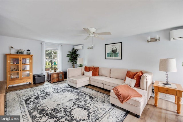 209 Burlington Ave, Voorhees, NJ 08043 - living area featuring a wall mounted AC, wood finished floors, and a ceiling fan