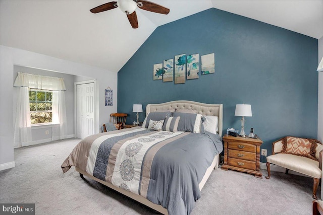 209 Burlington Ave, Voorhees, NJ 08043 - bedroom with vaulted ceiling, carpet, a closet, baseboards, and a ceiling fan