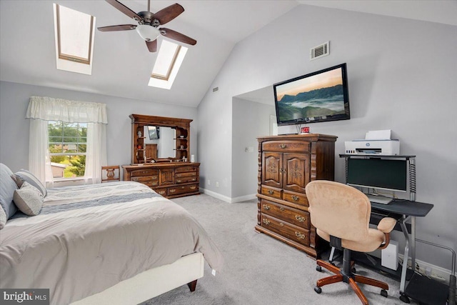 209 Burlington Ave, Voorhees, NJ 08043 - carpeted bedroom featuring a skylight, lofted ceiling, baseboards, and a ceiling fan