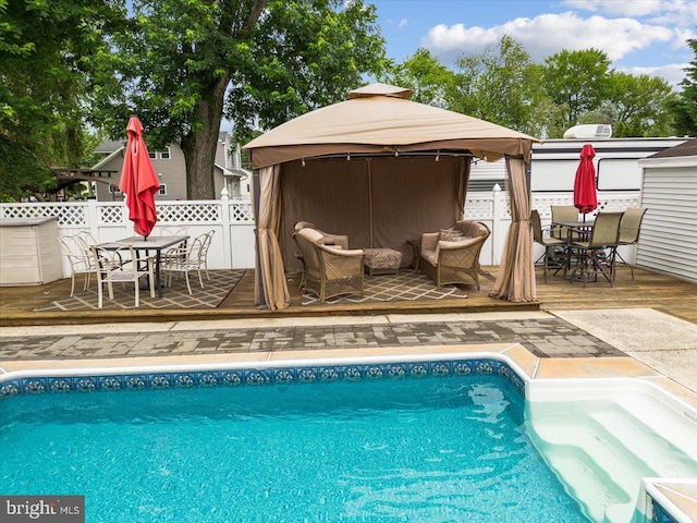 209 Burlington Ave, Voorhees, NJ 08043 - view of pool with a gazebo, outdoor dining area, a deck, and an outdoor hangout area