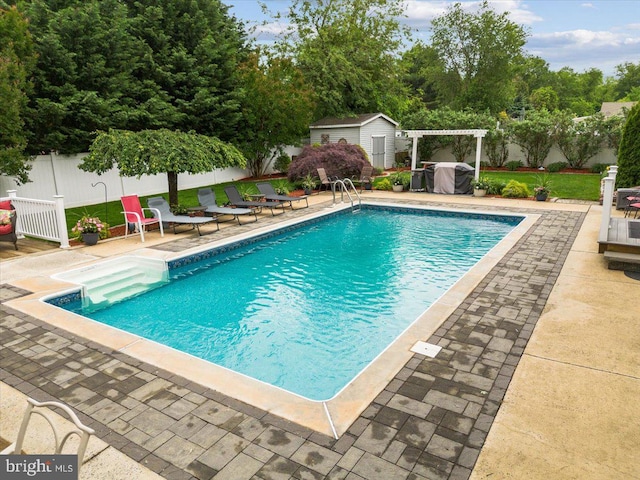 209 Burlington Ave, Voorhees, NJ 08043 - view of swimming pool with a fenced backyard, a pergola, and a patio
