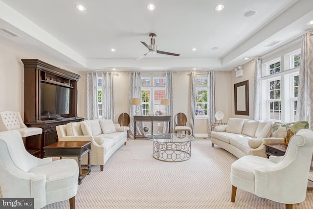 9204 Charleston Dr Unit 407, Manassas, VA 20110 - living room featuring carpet flooring, healthy amount of natural light, a ceiling fan, recessed lighting, and a raised ceiling