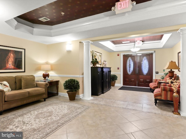 9204 Charleston Dr Unit 407, Manassas, VA 20110 - tiled foyer entrance with a tray ceiling, decorative columns, baseboards, and crown molding