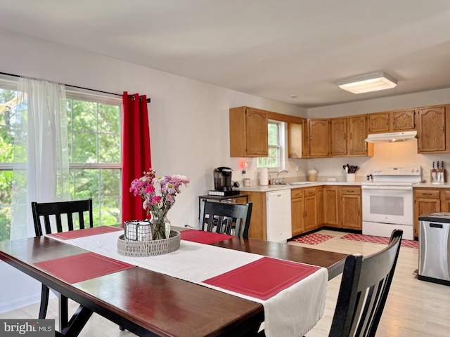 8565 E St, Chesapeake Beach, MD 20732 - kitchen with white appliances, under cabinet range hood, light countertops, and light wood finished floors