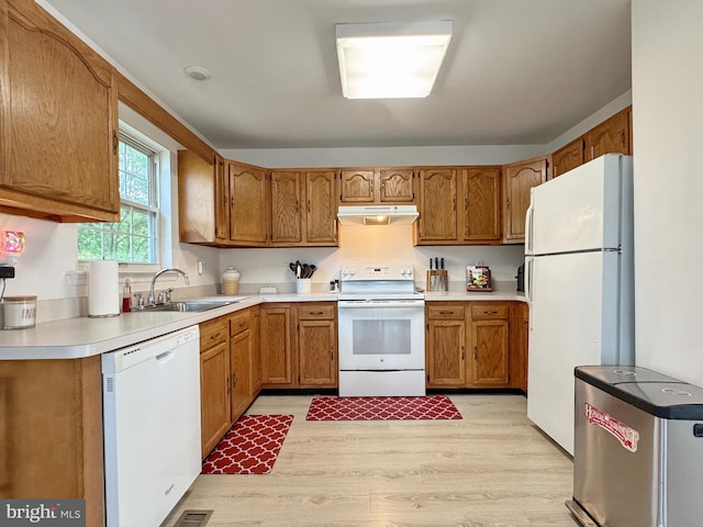8565 E St, Chesapeake Beach, MD 20732 - kitchen with white appliances, under cabinet range hood, a sink, light wood-style floors, and brown cabinetry