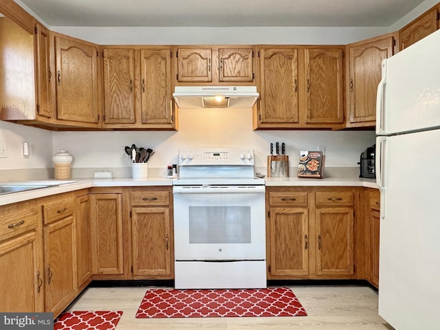 8565 E St, Chesapeake Beach, MD 20732 - kitchen with white appliances, under cabinet range hood, light wood finished floors, and light countertops