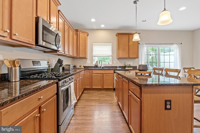1022 Linden Dr, Hanover, MD 21076 - kitchen featuring stainless steel appliances, a sink, a breakfast bar, plenty of natural light, and recessed lighting