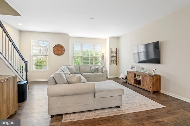 1022 Linden Dr, Hanover, MD 21076 - living area with dark wood-style flooring, baseboards, stairs, and recessed lighting