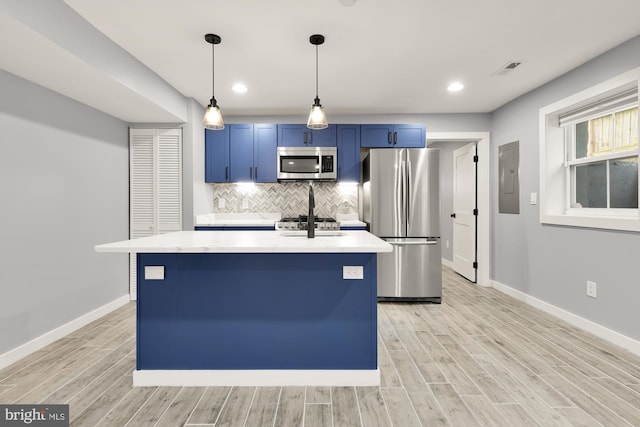 909 Webster St NW Unit 1, Washington, DC 20011 - kitchen with appliances with stainless steel finishes, electric panel, blue cabinetry, baseboards, and decorative backsplash
