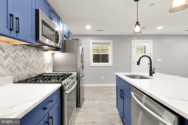 909 Webster St NW Unit 1, Washington, DC 20011 - kitchen featuring stainless steel appliances, blue cabinetry, a sink, light wood-style flooring, and backsplash