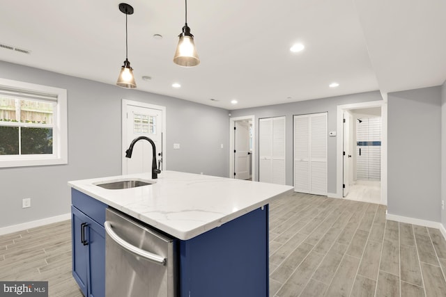 909 Webster St NW Unit 1, Washington, DC 20011 - kitchen featuring a sink, blue cabinets, light wood-type flooring, stainless steel dishwasher, and recessed lighting