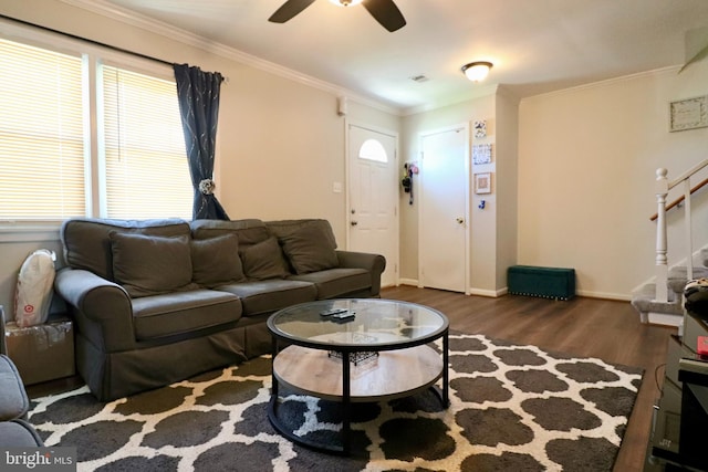 2460 Kilpatrick Pl, Dumfries, VA 22026 - living area featuring wood finished floors, a ceiling fan, ornamental molding, stairs, and baseboards