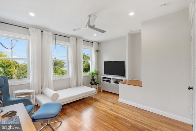 2426 4th St NE, Washington, DC 20002 - living area with light wood-style floors, a ceiling fan, recessed lighting, and baseboards