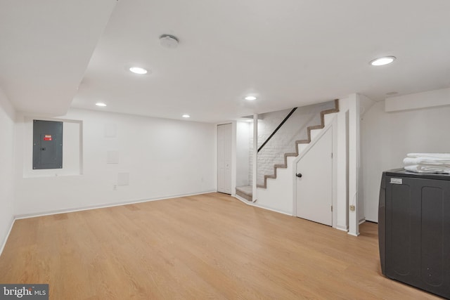 2426 4th St NE, Washington, DC 20002 - finished below grade area with electric panel, light wood-type flooring, recessed lighting, stairs, and baseboards