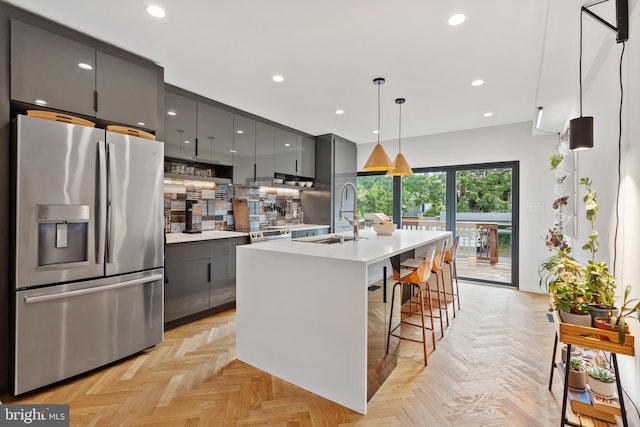 2426 4th St NE, Washington, DC 20002 - kitchen with stainless steel fridge with ice dispenser, gray cabinets, a sink, modern cabinets, and recessed lighting