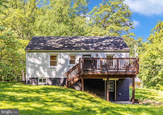 5421 Bartonsville Rd, Frederick, MD 21704 - rear view of house with a wooden deck, a yard, and stairway