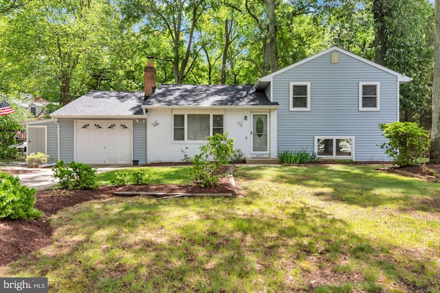 4097 Shoreham Beach Rd, Edgewater, MD 21037 - tri-level home featuring a garage, a chimney, a front yard, driveway, and a shingled roof