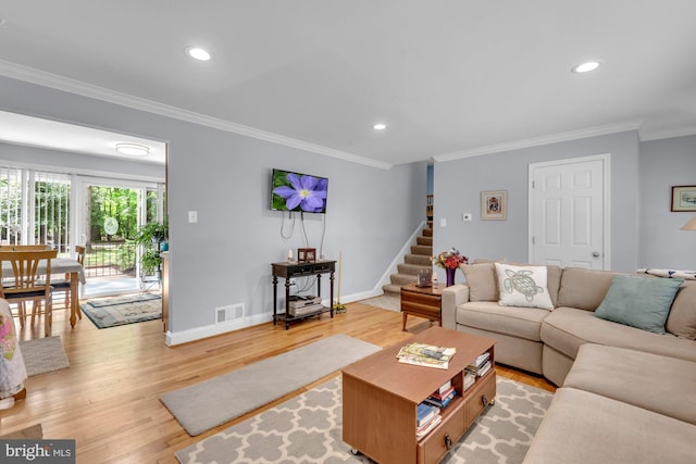 4097 Shoreham Beach Rd, Edgewater, MD 21037 - living area featuring ornamental molding, stairway, light wood-style floors, baseboards, and recessed lighting