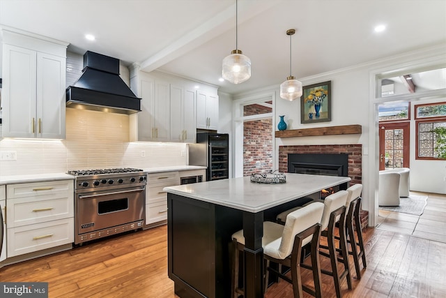 1157 Riverside Ave, Baltimore, MD 21230 - kitchen featuring luxury stove, custom exhaust hood, tasteful backsplash, white cabinetry, and light wood-style flooring