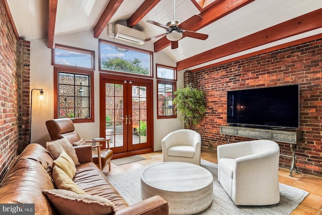 1157 Riverside Ave, Baltimore, MD 21230 - tiled living area with french doors, a wall mounted air conditioner, ceiling fan, and brick wall