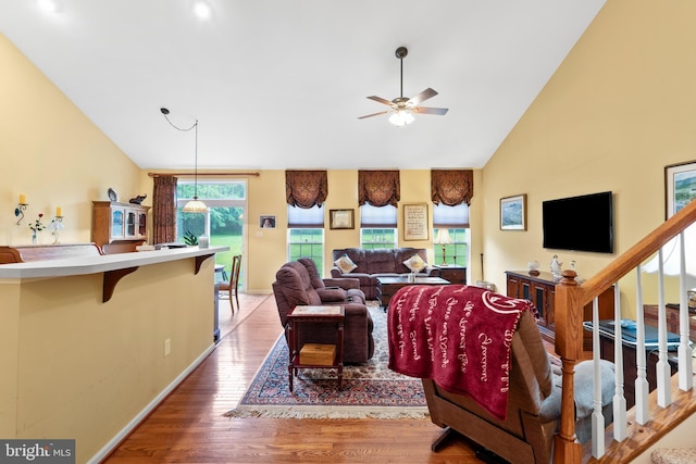 4 Hearthstone Blvd, Pemberton, NJ 08068 - living area featuring a ceiling fan, wood finished floors, baseboards, and high vaulted ceiling