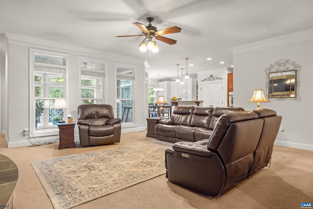 83 Mossy Creek Ct, Zion Crossroads, VA 22942 - living area featuring ornamental molding, ceiling fan, light carpet, baseboards, and recessed lighting