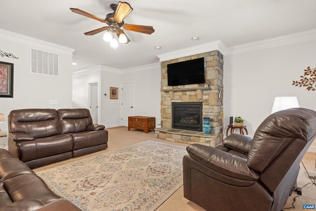 83 Mossy Creek Ct, Zion Crossroads, VA 22942 - living area with crown molding, a ceiling fan, a fireplace, baseboards, and light colored carpet