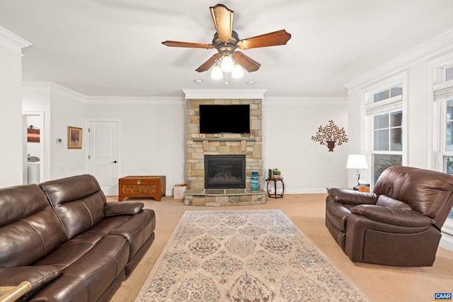 83 Mossy Creek Ct, Zion Crossroads, VA 22942 - carpeted living room featuring a ceiling fan, crown molding, a fireplace, and baseboards