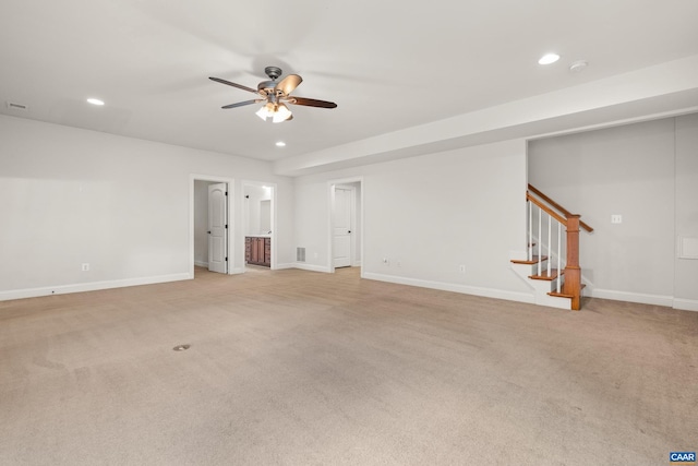 83 Mossy Creek Ct, Zion Crossroads, VA 22942 - empty room with a ceiling fan, stairs, recessed lighting, light carpet, and baseboards
