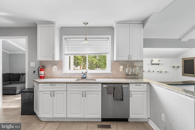 521 Rhode Island Ave, Cherry Hill, NJ 08002 - kitchen featuring dishwasher, a sink, tasteful backsplash, white cabinetry, and light tile patterned floors