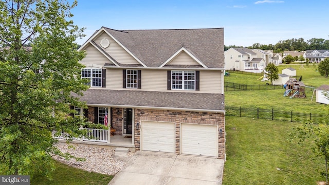 39 Grain Ct, Magnolia, DE 19962 - traditional-style home with a porch, a garage, concrete driveway, roof with shingles, and stone siding