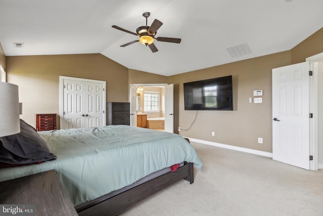39 Grain Ct, Magnolia, DE 19962 - bedroom featuring baseboards, vaulted ceiling, carpet floors, connected bathroom, and ceiling fan