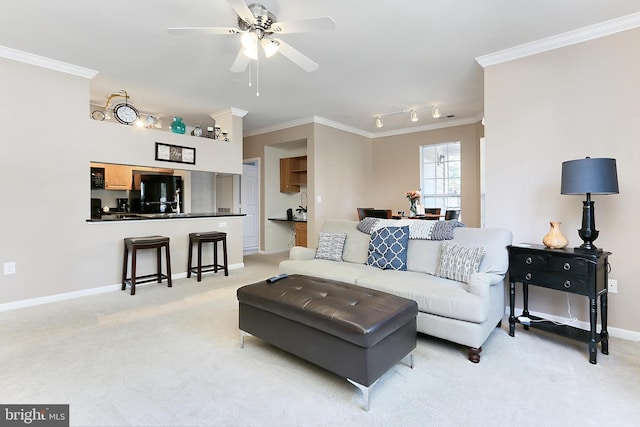 12900 Centre Park Cir Unit 107, Herndon, VA 20171 - living area featuring crown molding, light carpet, a ceiling fan, and rail lighting