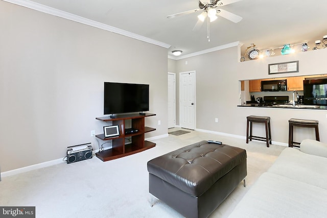 12900 Centre Park Cir Unit 107, Herndon, VA 20171 - living room featuring light carpet, ornamental molding, and a ceiling fan