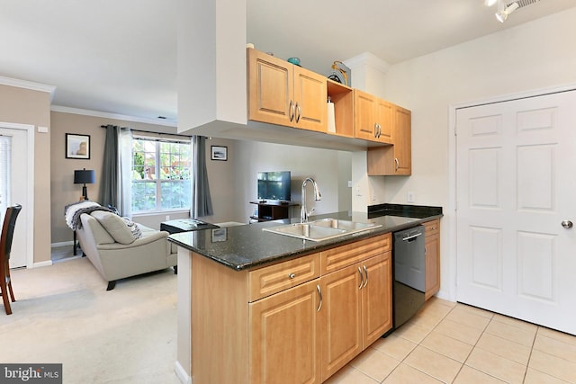 12900 Centre Park Cir Unit 107, Herndon, VA 20171 - kitchen featuring dishwasher, open floor plan, crown molding, light tile patterned floors, and a peninsula