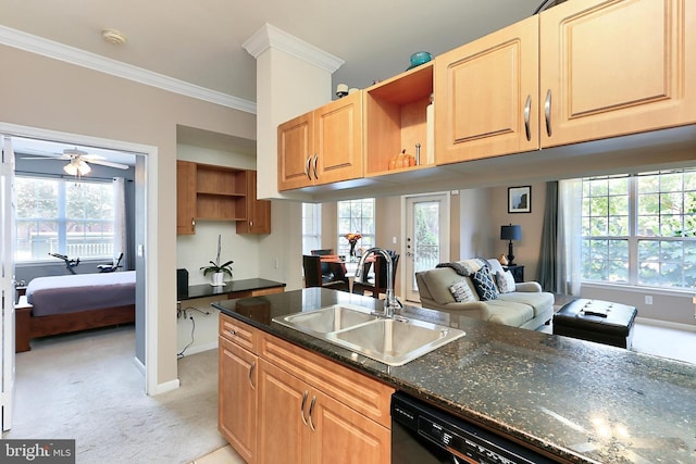 12900 Centre Park Cir Unit 107, Herndon, VA 20171 - kitchen with open shelves, light carpet, healthy amount of natural light, crown molding, and dishwasher