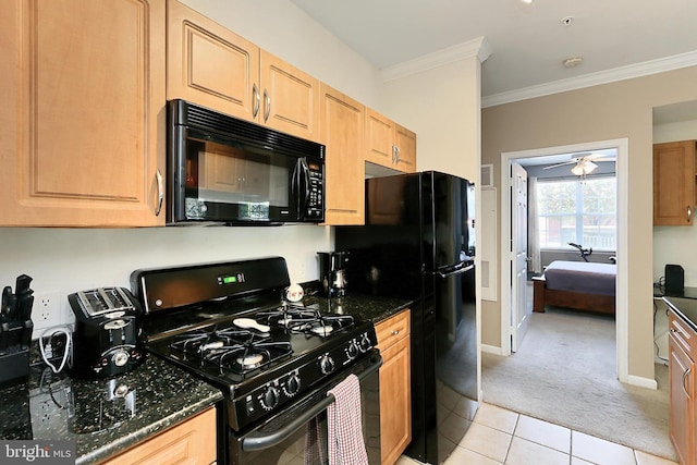 12900 Centre Park Cir Unit 107, Herndon, VA 20171 - kitchen with black appliances, light carpet, light tile patterned flooring, ornamental molding, and ceiling fan