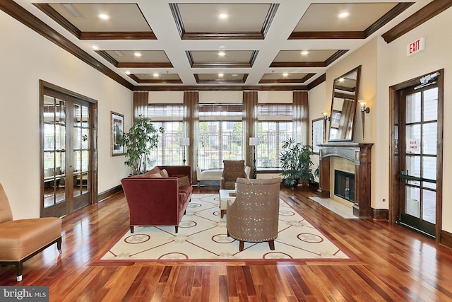 12900 Centre Park Cir Unit 107, Herndon, VA 20171 - living room featuring wood finished floors, french doors, crown molding, coffered ceiling, and a fireplace