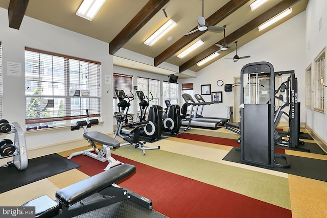 12900 Centre Park Cir Unit 107, Herndon, VA 20171 - workout area featuring beamed ceiling, ceiling fan, and high vaulted ceiling