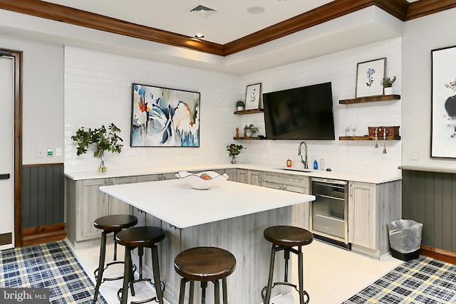 12900 Centre Park Cir Unit 107, Herndon, VA 20171 - bar with crown molding, beverage cooler, backsplash, and wainscoting