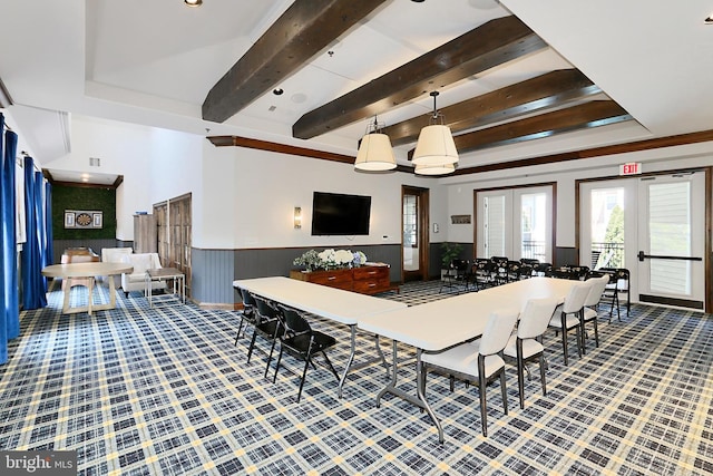 12900 Centre Park Cir Unit 107, Herndon, VA 20171 - living area with wainscoting, carpet floors, and beam ceiling