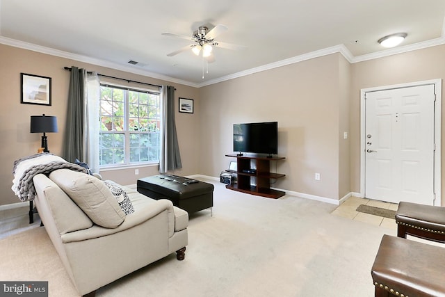 12900 Centre Park Cir Unit 107, Herndon, VA 20171 - living area featuring ornamental molding, light colored carpet, and ceiling fan