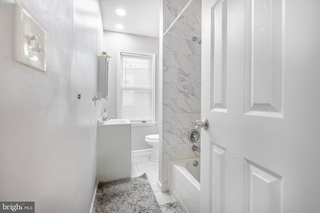 1707 W 4th St, Wilmington, DE 19805 - full bathroom featuring vanity, toilet, baseboards, shower / bath combination, and marble finish flooring