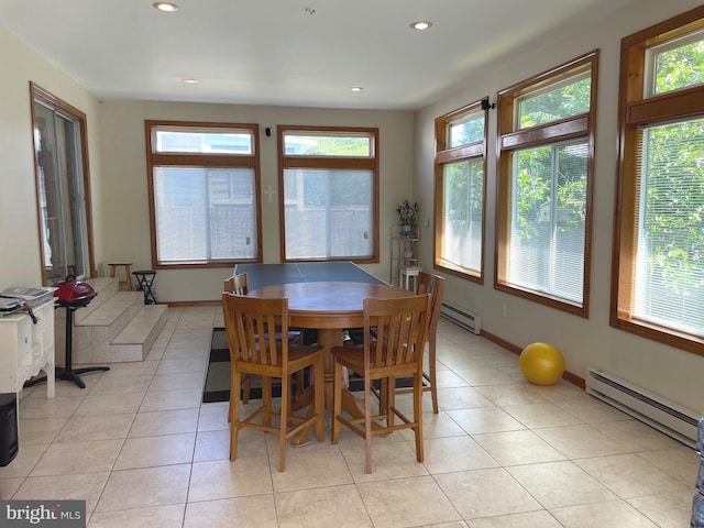 333 Sussex Blvd, Broomall, PA 19008 - dining room with a baseboard heating unit, plenty of natural light, a baseboard radiator, light tile patterned floors, and recessed lighting