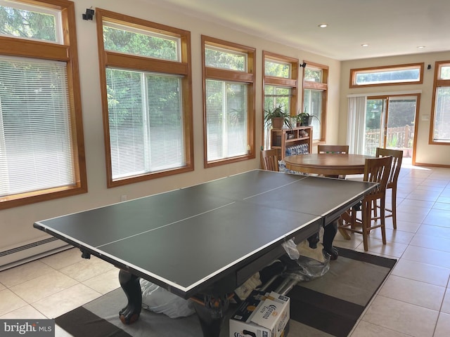 333 Sussex Blvd, Broomall, PA 19008 - playroom with light tile patterned flooring, a baseboard heating unit, and recessed lighting