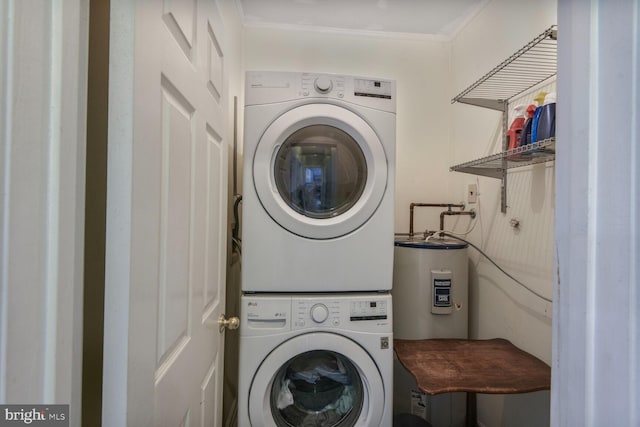 600 Resty Ln Unit 202, Odenton, MD 21113 - laundry room with stacked washer and clothes dryer, water heater, and crown molding