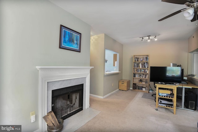 600 Resty Ln Unit 202, Odenton, MD 21113 - living room featuring a ceiling fan, carpet, a fireplace with flush hearth, and baseboards